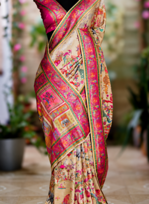 Pure Banarasi crepe silk saree in cream and magenta with Shikargah Kani weaving