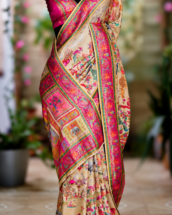Pure Banarasi crepe silk saree in cream and magenta with Shikargah Kani weaving