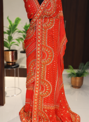 Red Orange Pure Georgette Saree with Mirror and Sequin Handwork 6 Red orange pure georgette saree with mirror and sequin handwork