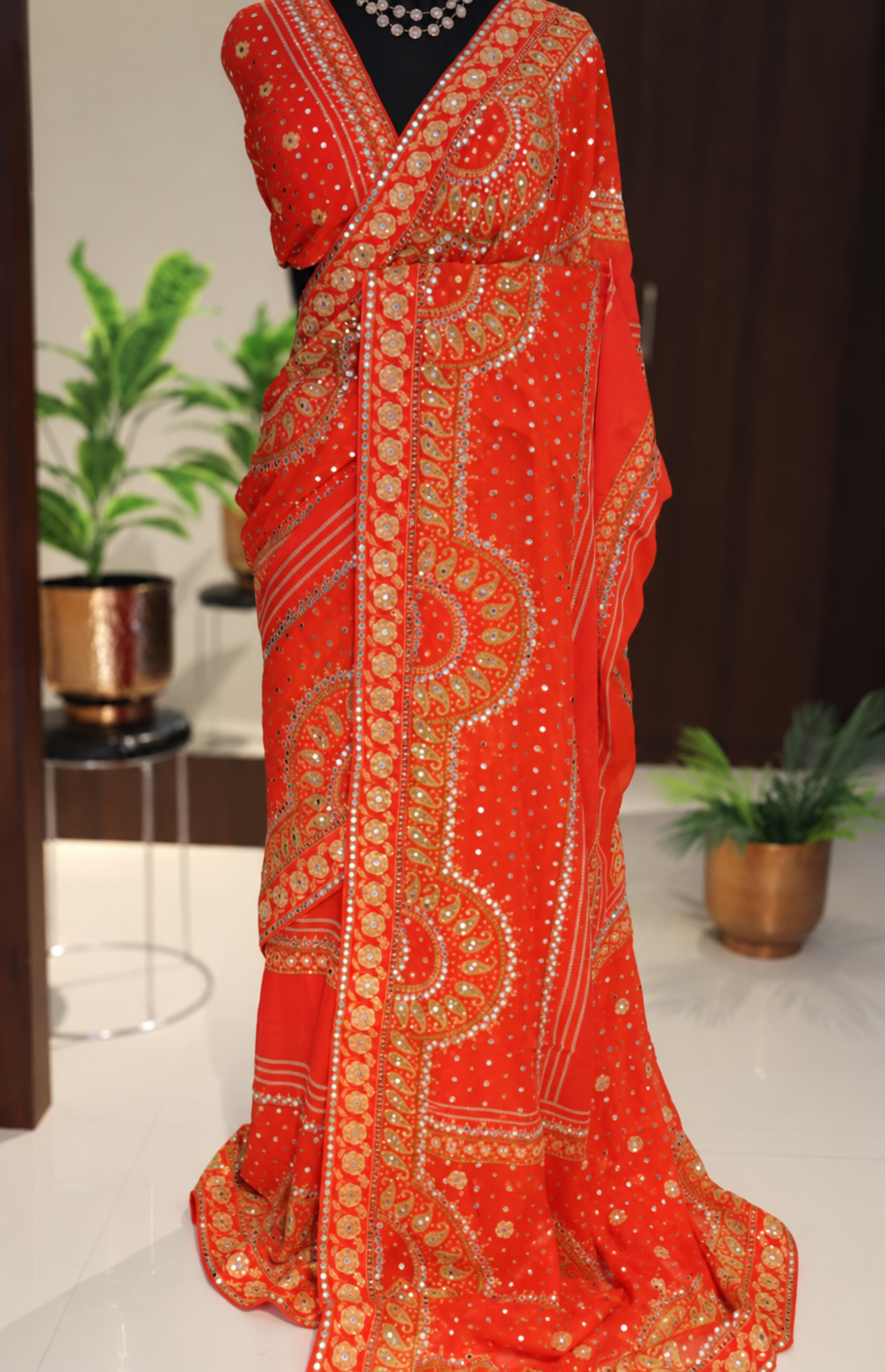 Red Orange Pure Georgette Saree with Mirror and Sequin Handwork 1 Red orange pure georgette saree with mirror and sequin handwork