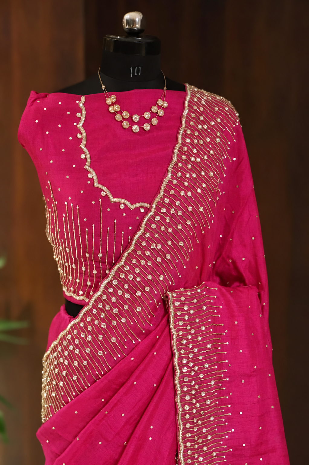 Pure Chinon Silk Handwork Saree with Sequins, Cutdana and Moti Border 5 Rani pink Chinon saree sequins cutdana moti handwork border detail