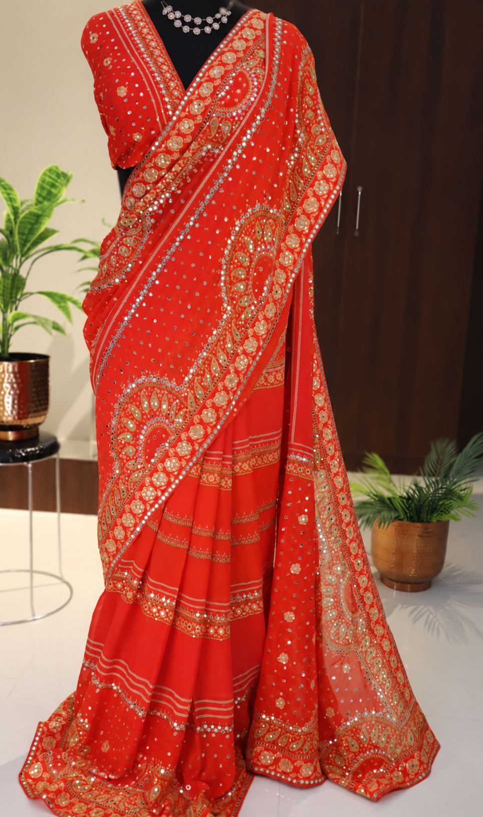 Red Orange Pure Georgette Saree with Mirror and Sequin Handwork 4 Red Orange Pure Georgette Saree with Mirror and Sequin Handwork - Image 4