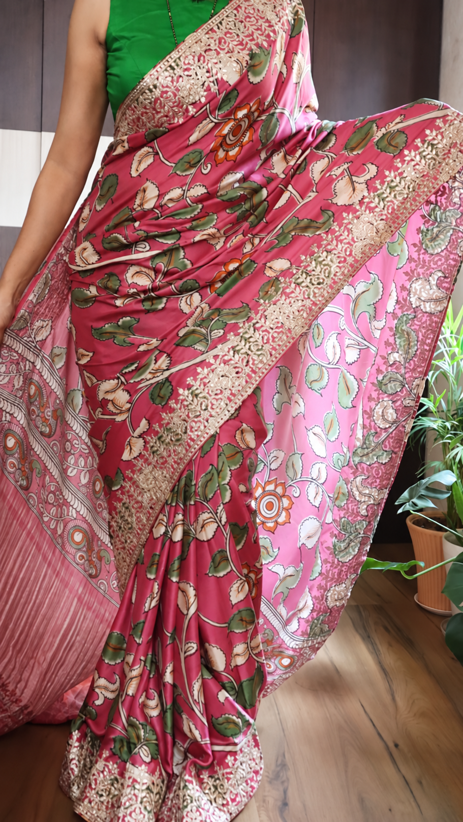 Pure Gajji Silk Heritage Print Gotapatti Party Wear Saree 2 Pure Gajji Silk pink heritage print saree showing gold Gotapatti border and pallu