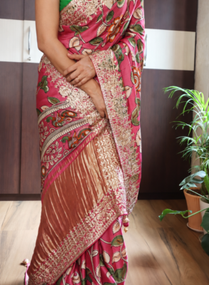 Pure Gajji Silk Heritage Print Gotapatti Party Wear Saree 12 Pink Pure Gajji Silk saree with heritage prints and gold Gotapatti border