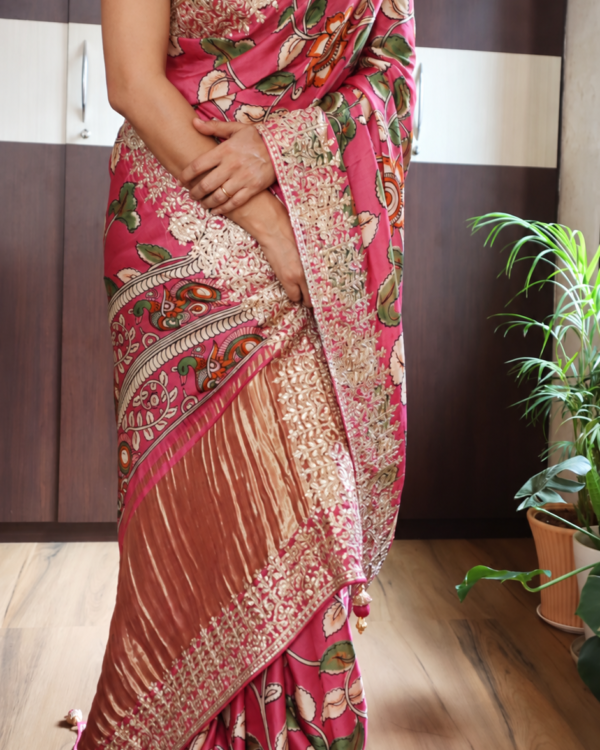 Pink Pure Gajji Silk saree with heritage prints and gold Gotapatti border