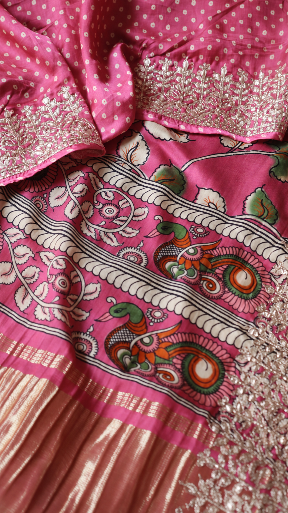 Pure Gajji Silk Heritage Print Gotapatti Party Wear Saree 3 Pure Gajji Silk saree close-up of heritage motifs, gold pallu and Gotapatti blouse detail