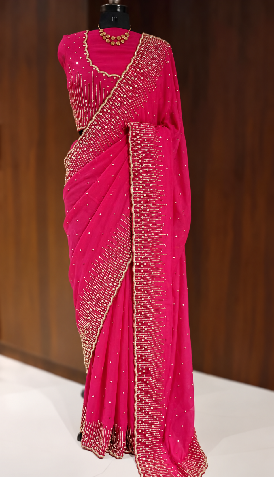 Pure Chinon Silk Handwork Saree with Sequins, Cutdana and Moti Border 6 Rani pink pure Chinon silk handwork saree full drape