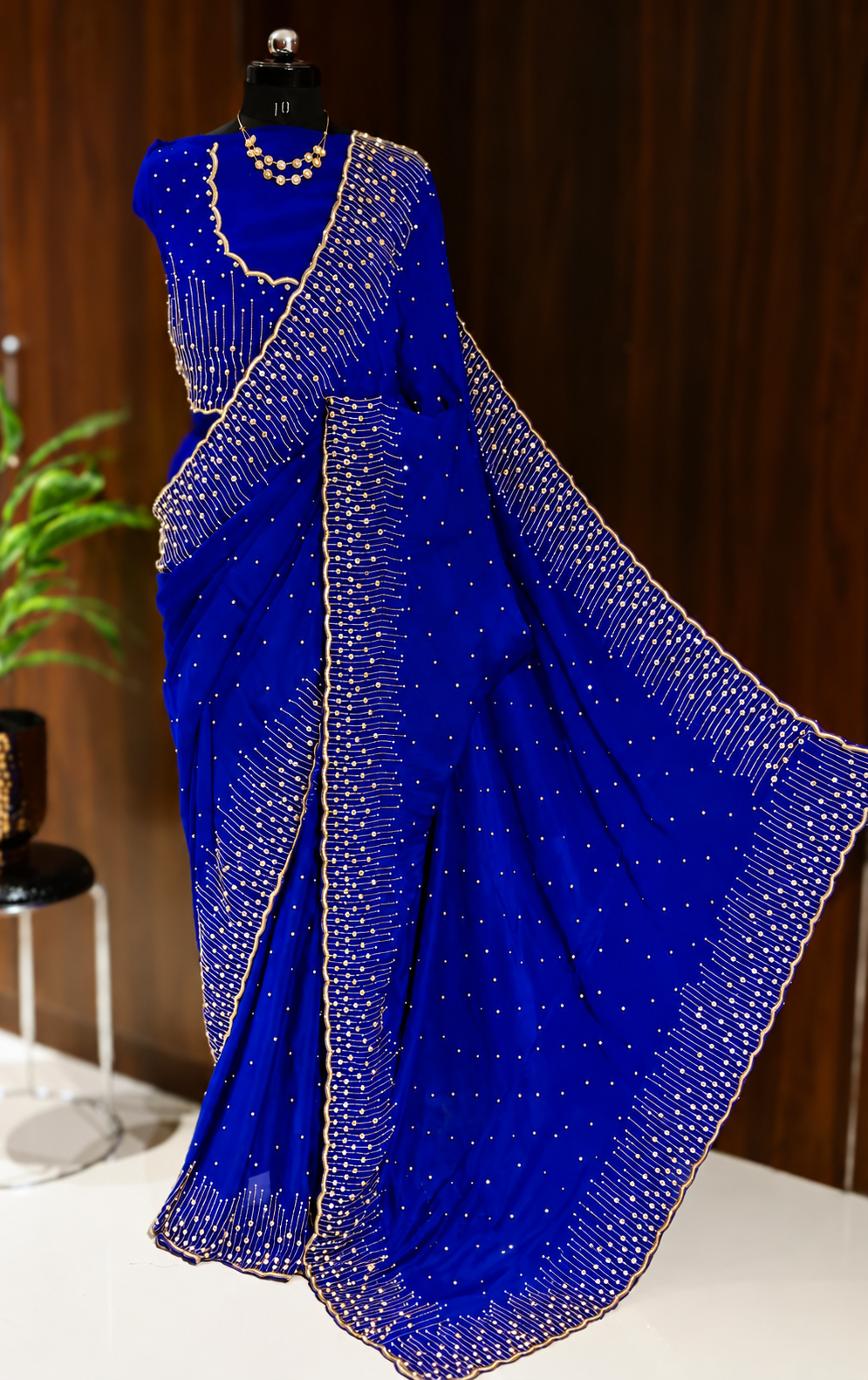 Pure Chinon Silk Handwork Saree with Sequins, Cutdana and Moti Border 4 Royal blue pure Chinon silk handwork saree full drape