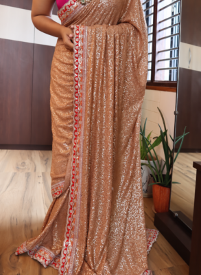 Rose Gold Georgette Sequin Saree with Scallop Border 7 Rose gold georgette sequin saree with coral-red scalloped lace border