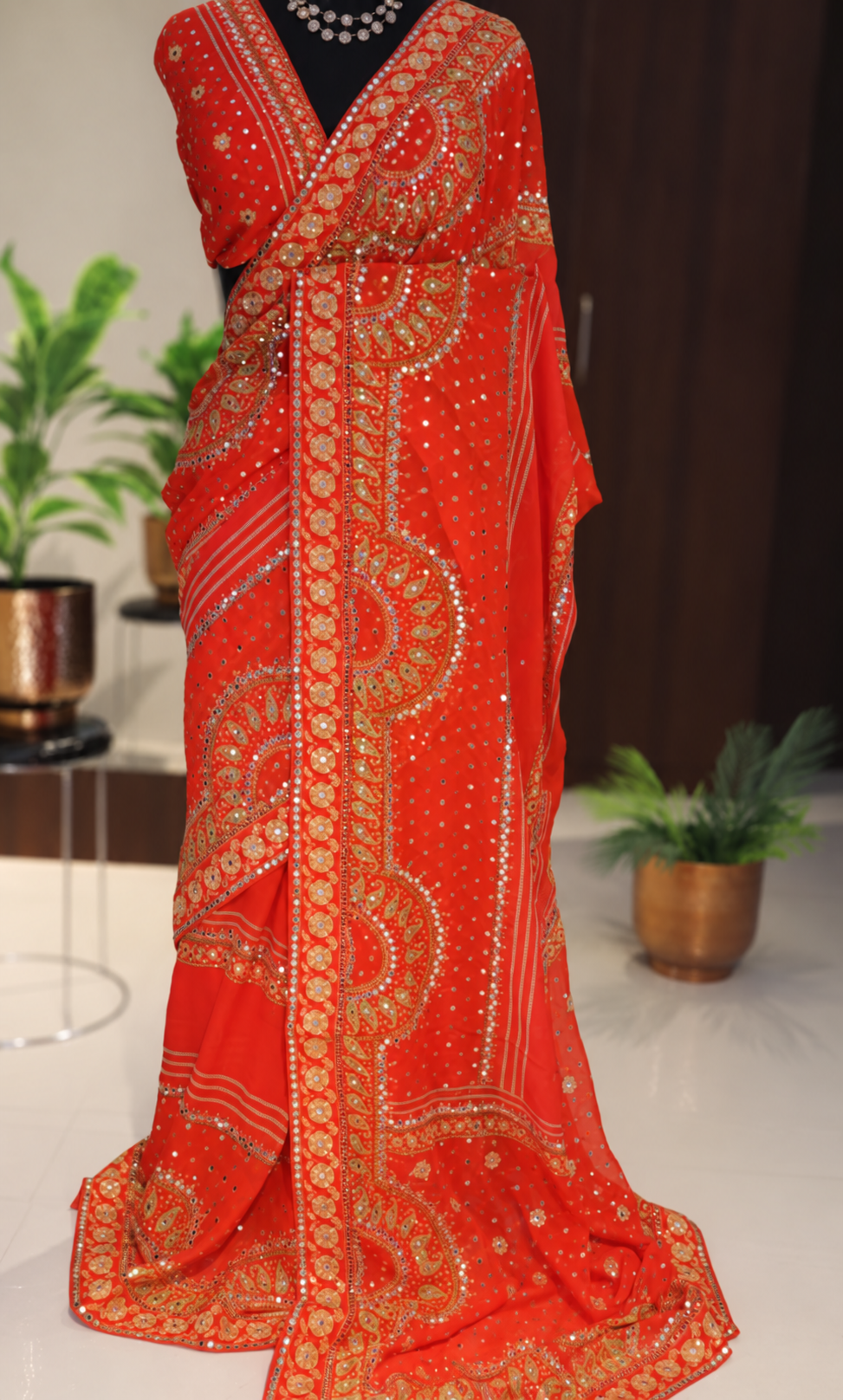 Red Orange Pure Georgette Saree with Mirror and Sequin Handwork 5 Red Orange Pure Georgette Saree with Mirror and Sequin Handwork - Image 5