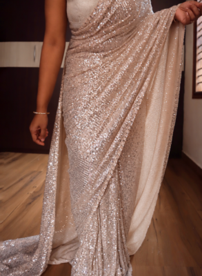 Champagne Beige Lycra Sequin Saree with Pearl Handwork Border 3 Champagne beige Lycra sequin saree full drape and pearl handwork borders