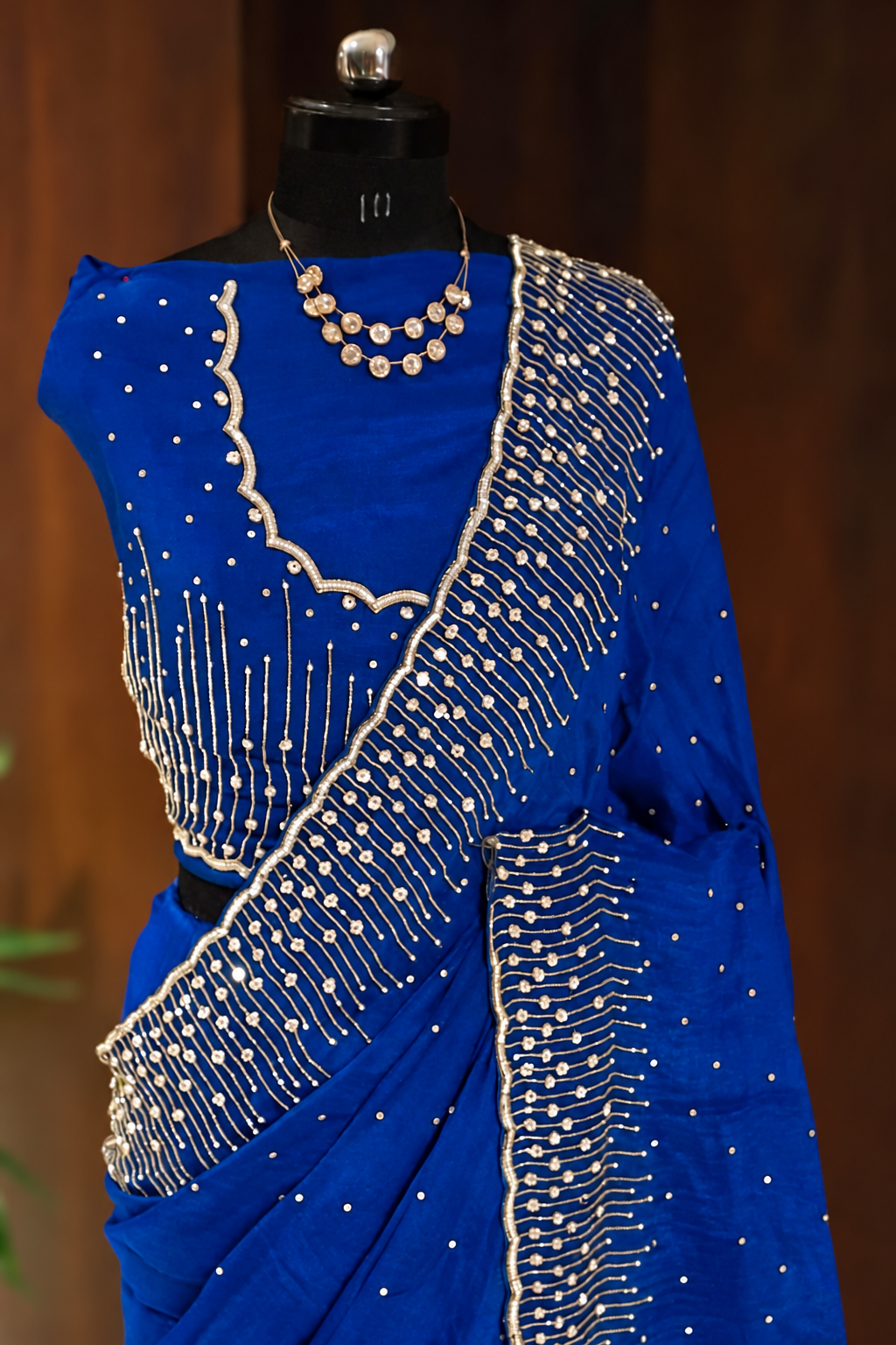 Pure Chinon Silk Handwork Saree with Sequins, Cutdana and Moti Border 3 Pure Chinon silk handwork saree in royal blue – border and blouse detail