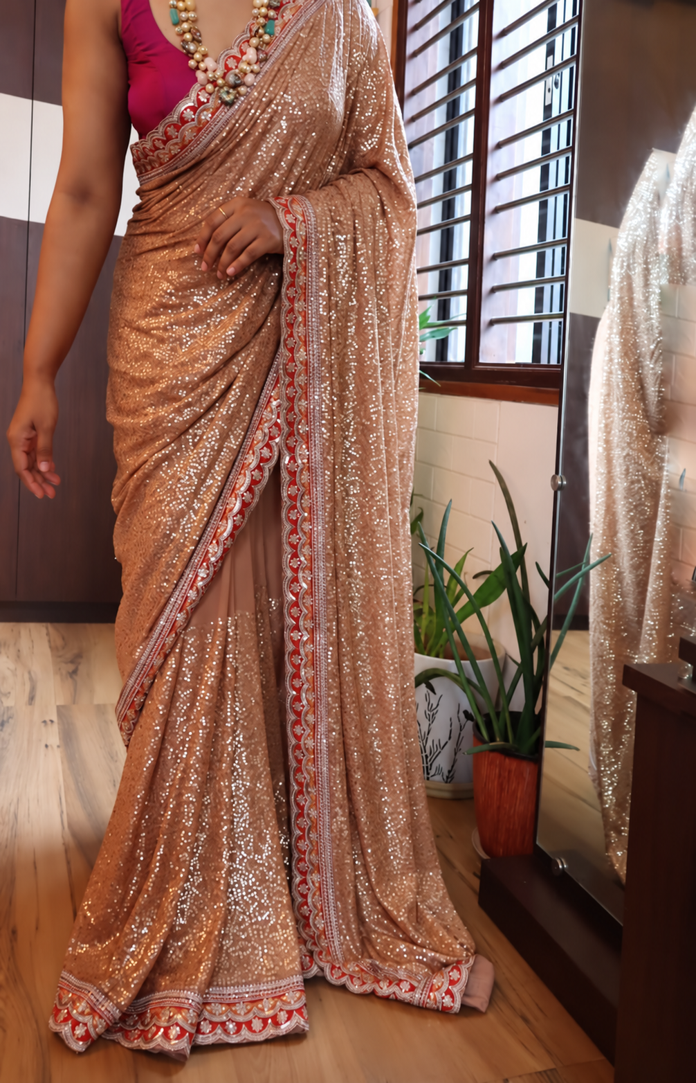 Rose Gold Georgette Sequin Saree with Scallop Border 7 Rose Gold Georgette Sequin Saree with Scallop Border - Image 7