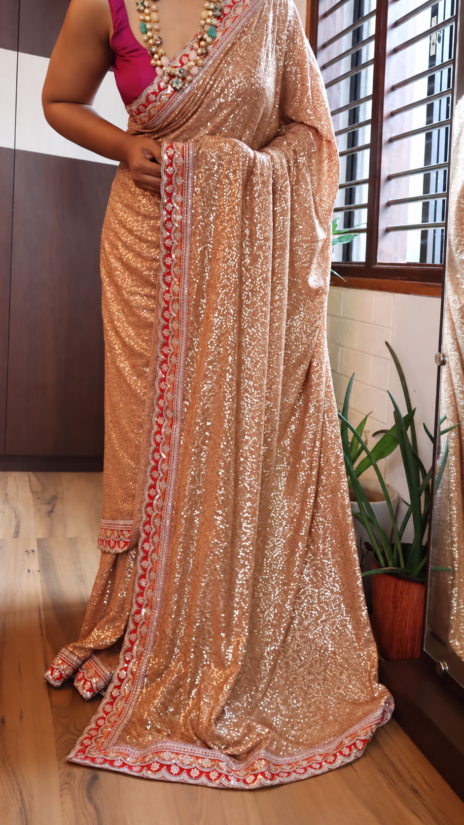 Rose Gold Georgette Sequin Saree with Scallop Border 3 Rose Gold Georgette Sequin Saree with Scallop Border - Image 3