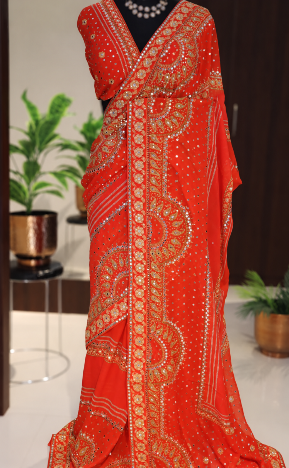Red Orange Pure Georgette Saree with Mirror and Sequin Handwork 3 Red Orange Pure Georgette Saree with Mirror and Sequin Handwork - Image 3