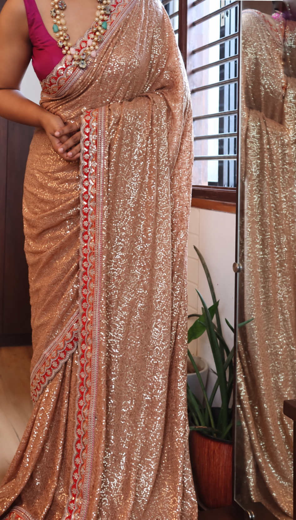 Rose Gold Georgette Sequin Saree with Scallop Border 4 Rose Gold Georgette Sequin Saree with Scallop Border - Image 4
