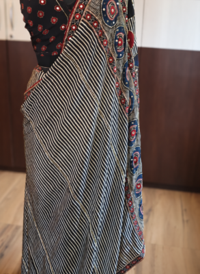 Ajrakh handblock modal silk saree in black and white with mirror-work pallu
