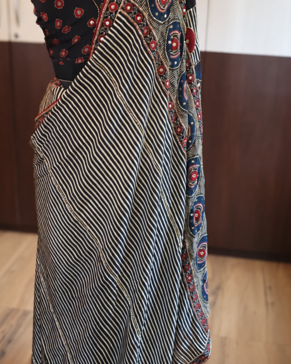Ajrakh handblock modal silk saree in black and white with mirror-work pallu