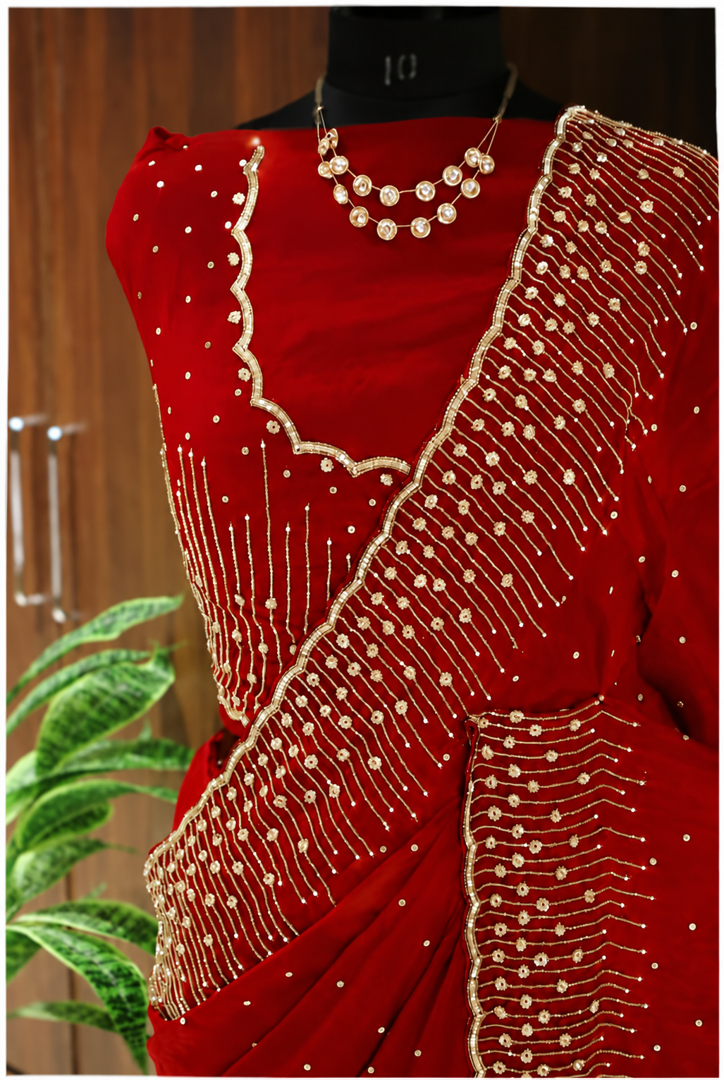 Pure Chinon Silk Handwork Saree with Sequins, Cutdana and Moti Border 2 Pure Chinon silk handwork saree in red with sequins cutdana and moti border – close-up