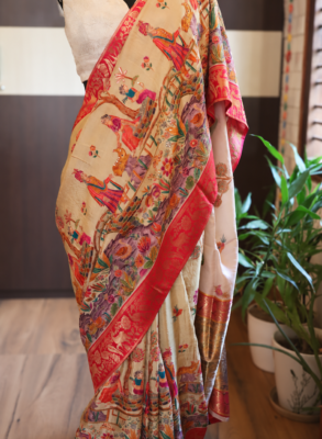 Kashmiri Kani pure munga silk saree in cream and red with Shikargah motifs