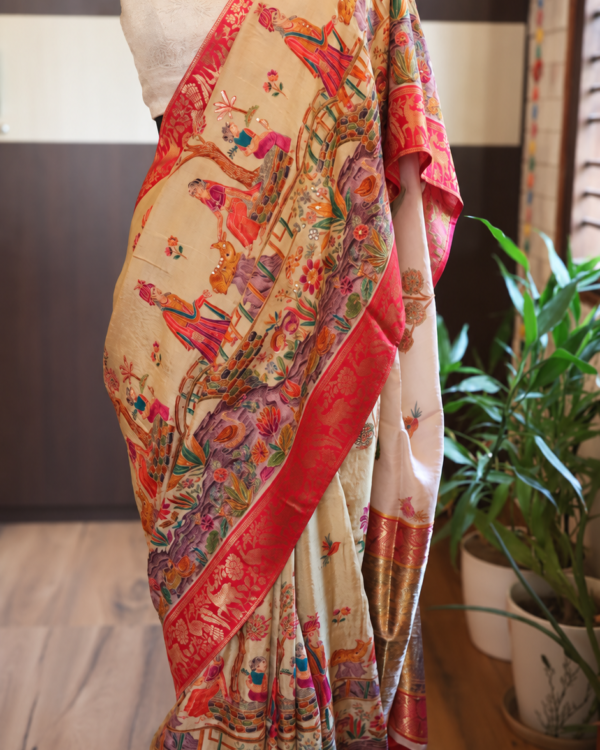 Kashmiri Kani pure munga silk saree in cream and red with Shikargah motifs