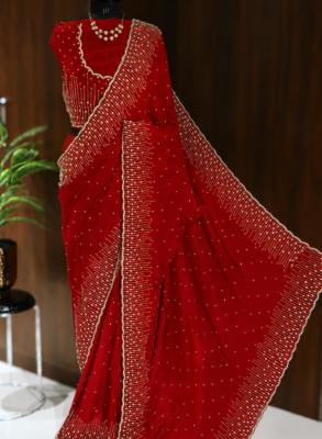 Pure Chinon Silk Handwork Saree with Sequins, Cutdana and Moti Border 4 Pure Chinon silk handwork saree in red with grand scalloped sequins cutdana and moti borders
