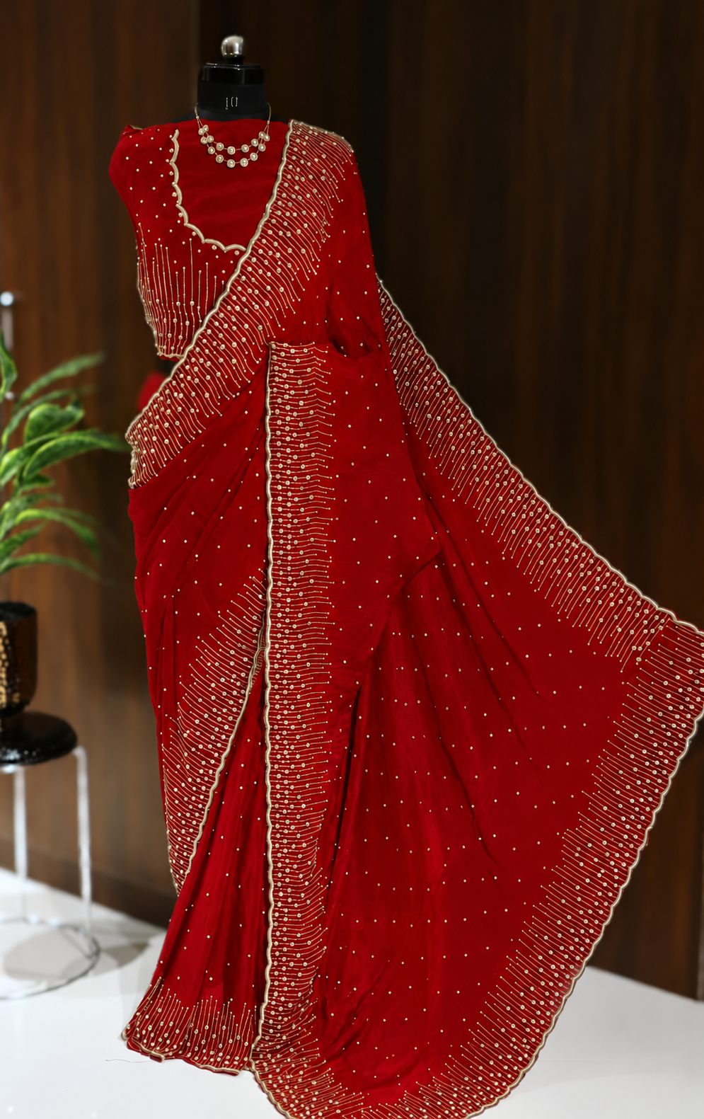 Pure Chinon Silk Handwork Saree with Sequins, Cutdana and Moti Border 1 Pure Chinon silk handwork saree in red with grand scalloped sequins cutdana and moti borders