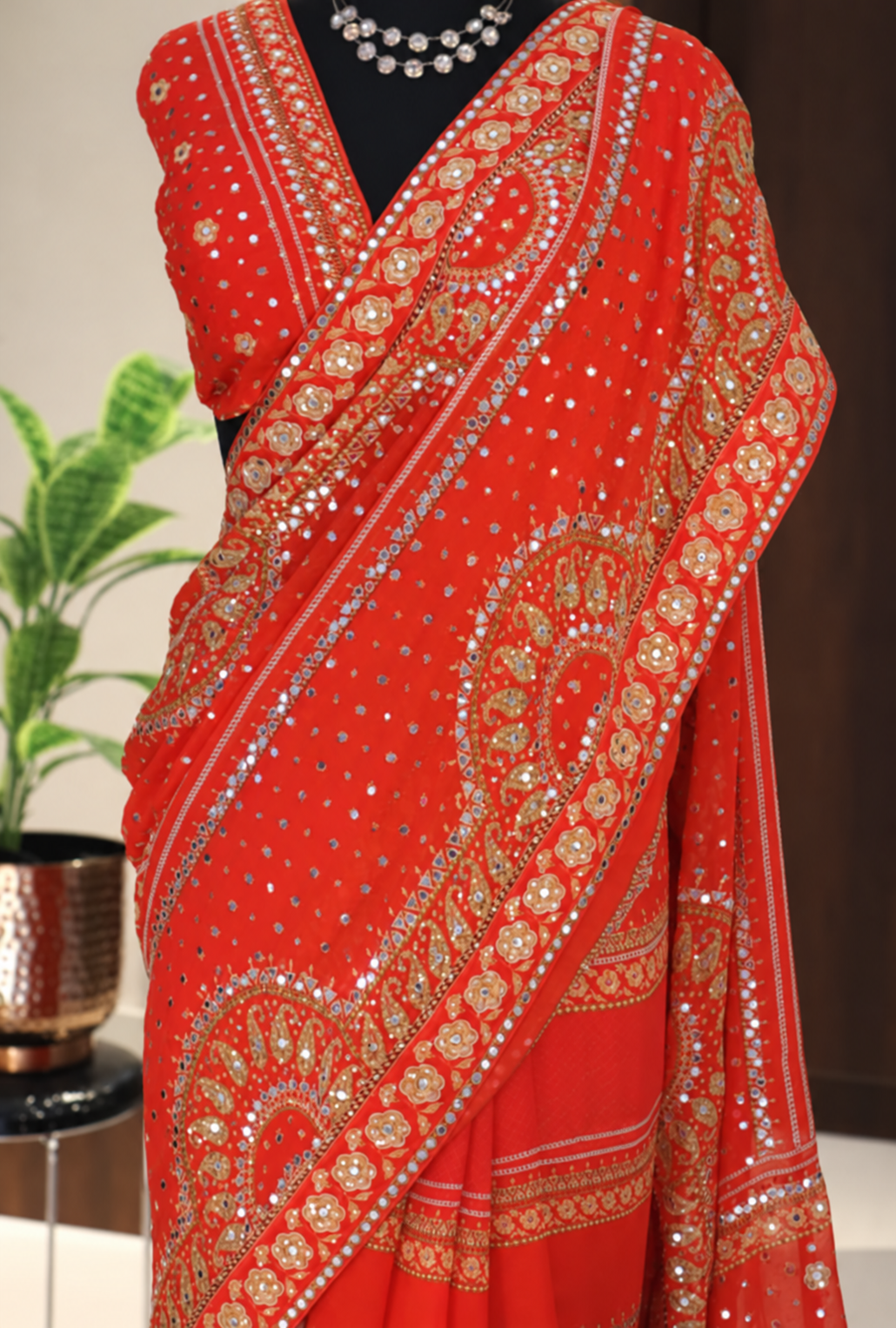 Red Orange Pure Georgette Saree with Mirror and Sequin Handwork 6 Pure georgette saree close-up showing mirror and sequin embroidery