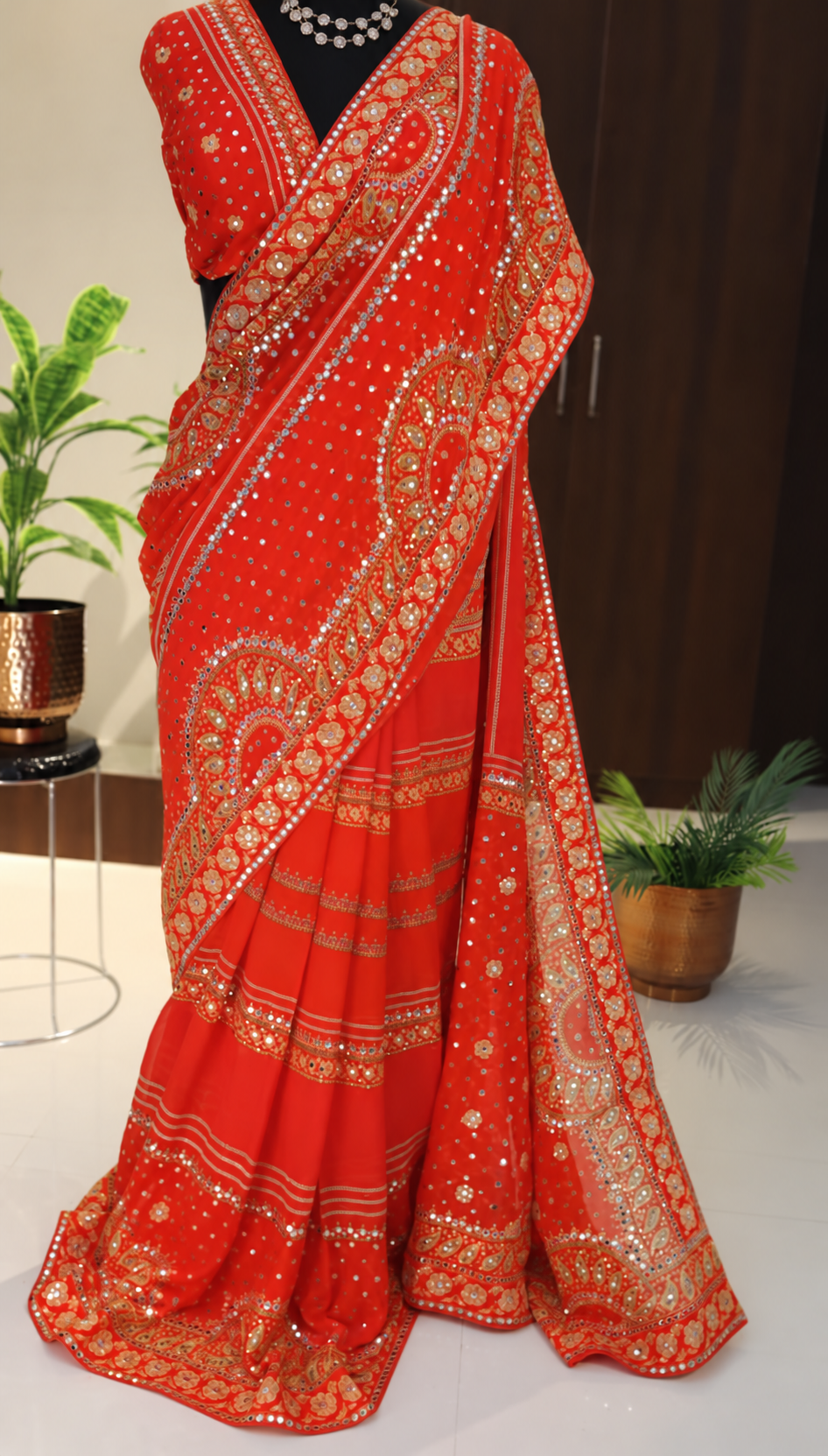 Red Orange Pure Georgette Saree with Mirror and Sequin Handwork 2 Red orange pure georgette saree with floral border and mirror handwork