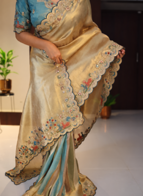 Banarasi Tissue Silk Saree with Embroidered Scalloped Border 6 Banarasi tissue silk saree in gold and blue with floral deer and bird embroidery