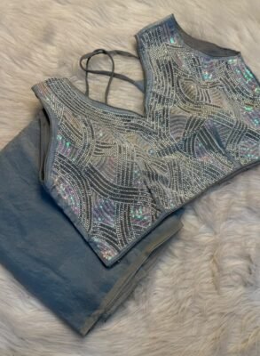 Fancy Space Silk Saree — blue grey folded with bead and sequin handwork