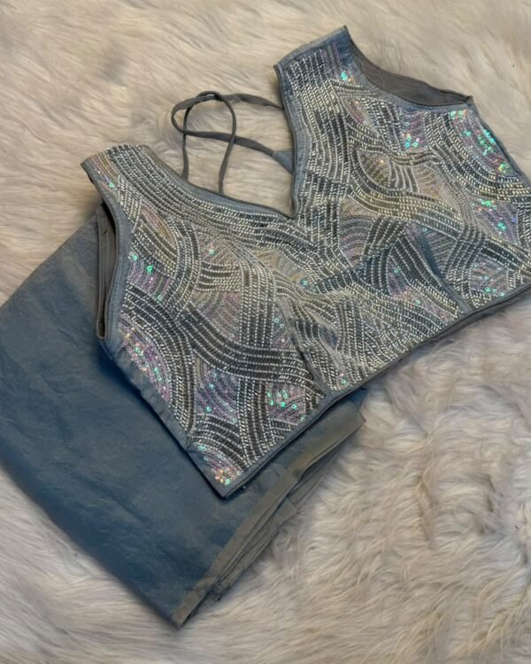 Fancy Space Silk Saree — blue grey folded with bead and sequin handwork