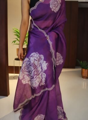 Floral Organza Silk Saree with Zircon Work & Cutwork Border