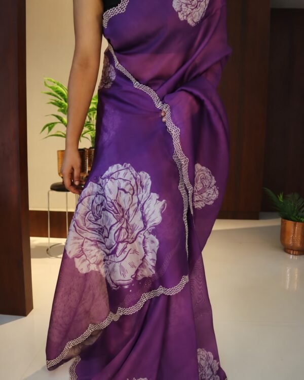 Floral Organza Silk Saree with Zircon Work & Cutwork Border