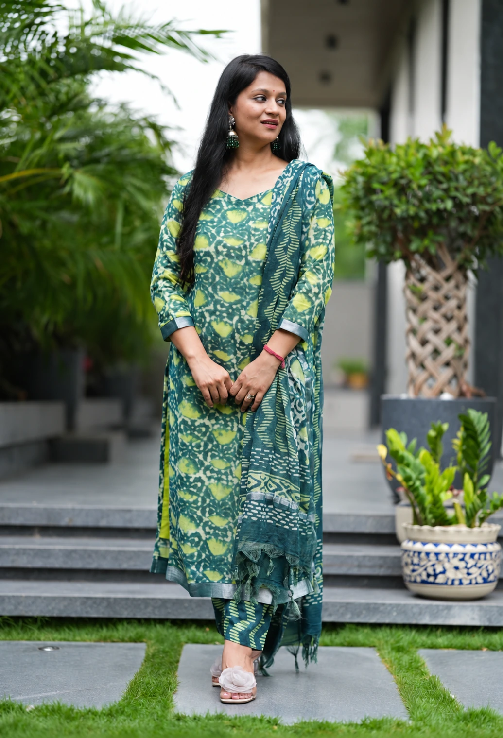 Green Pure Linen Hand Block Suit Set with Lining 1 Green pure linen hand block suit set with cotton pants and linen dupatta