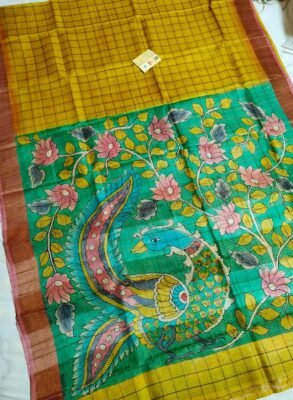 Pure handloom tussar saree – Yellow / Green Peacock Pallu