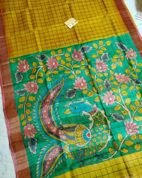 Pure handloom tussar saree – Yellow / Green Peacock Pallu
