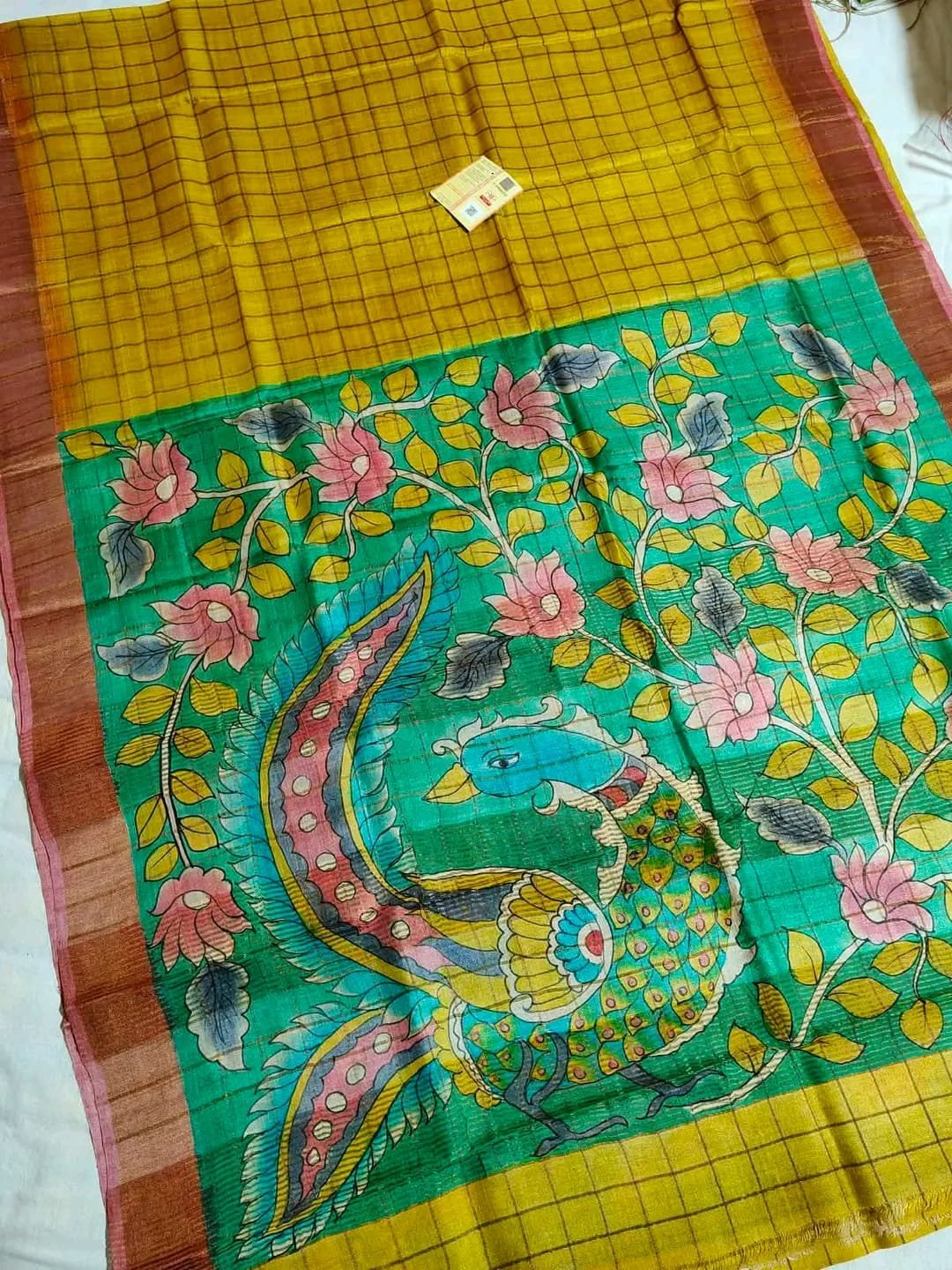 Pure Handloom Tussar Saree with Checks Zari Border and Kalamkari Pallu 1 Pure handloom tussar saree – Yellow / Green Peacock Pallu