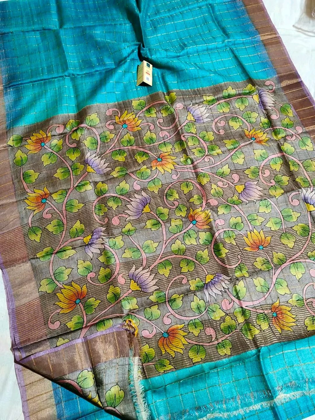 Pure Handloom Tussar Saree with Checks Zari Border and Kalamkari Pallu 2 Pure handloom tussar saree – Turquoise / Grey Floral Pallu