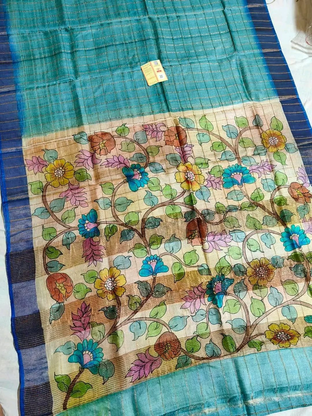 Pure Handloom Tussar Saree with Checks Zari Border and Kalamkari Pallu 6 Pure handloom tussar saree – Aqua / Cream Floral Pallu