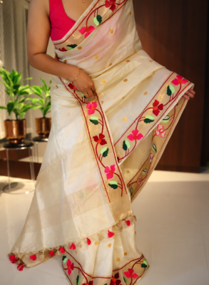 Pure Handloom Tussar Silk Saree full drape with Parsi embroidered borders and tassel pallu