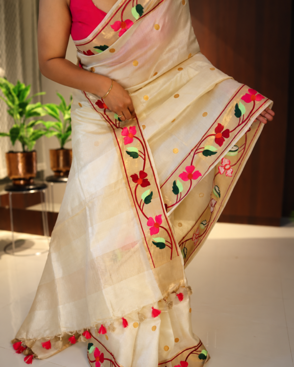 Pure Handloom Tussar Silk Saree full drape with Parsi embroidered borders and tassel pallu