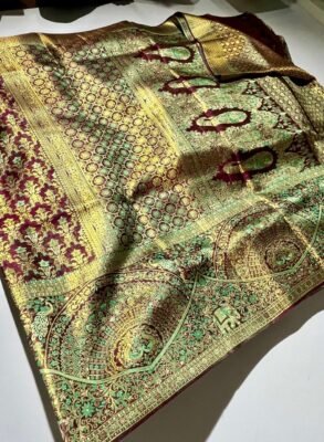 Kanchipuram double warp Meenakari saree wine green gold 2G brocade full display