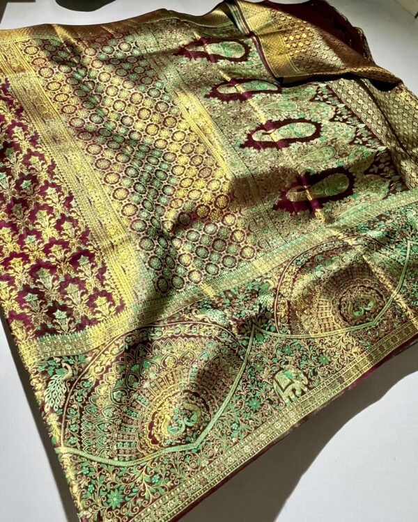 Kanchipuram double warp Meenakari saree wine green gold 2G brocade full display