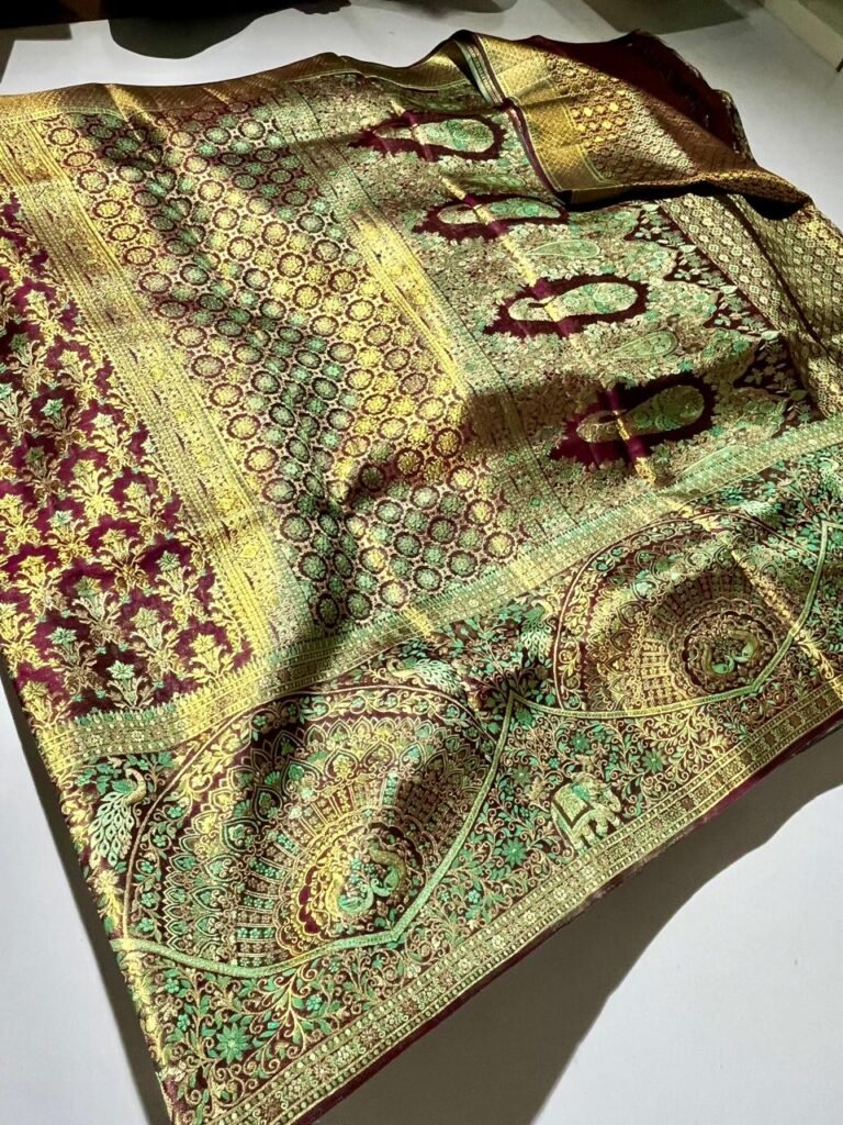 Kanchipuram double warp Meenakari saree wine green gold 2G brocade full display