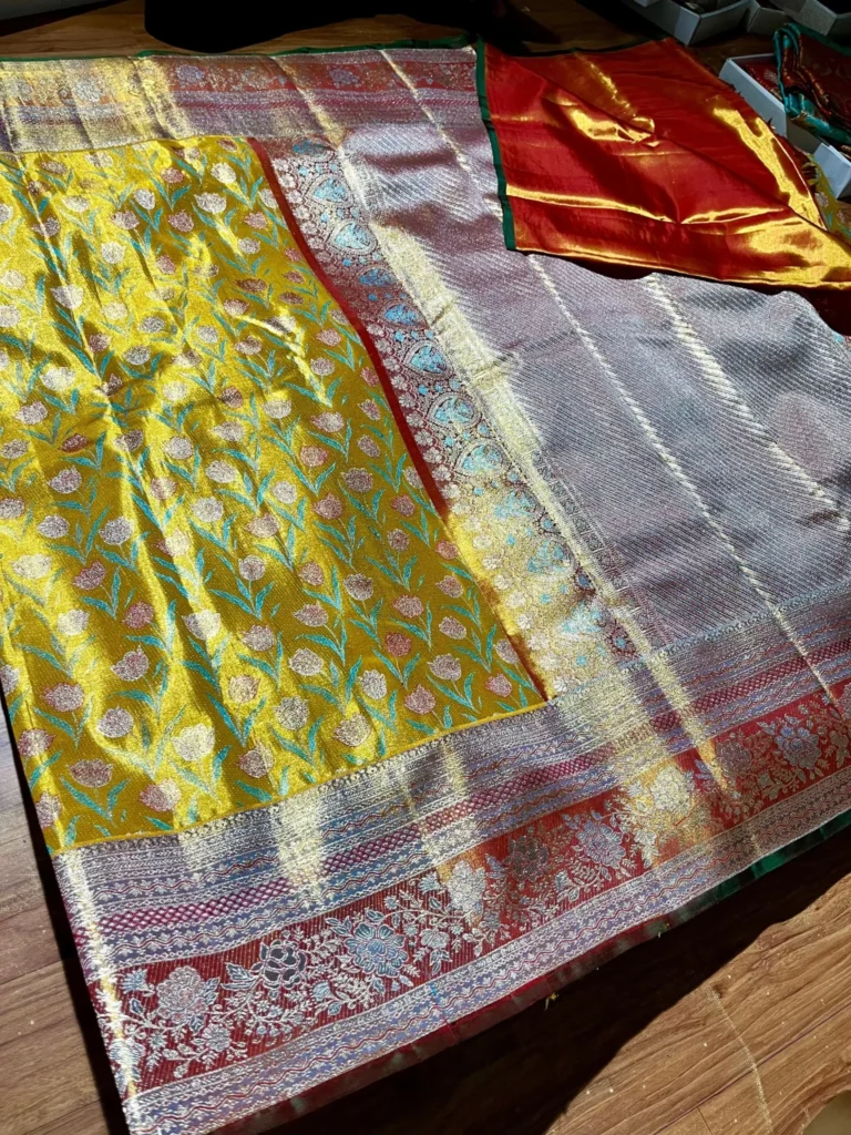 Pure Kanchipuram Tissue Silk Saree with Floral Brocade 15 Golden-yellow pure Kanchipuram tissue silk saree with edge-to-edge floral brocade, border and pallu