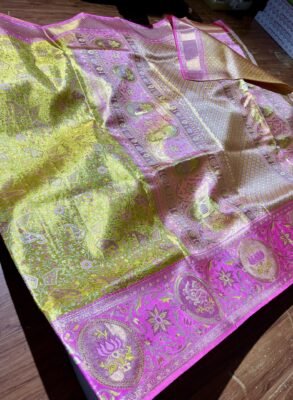 Kanchipuram tissue meenakari silk saree in lime green and pink