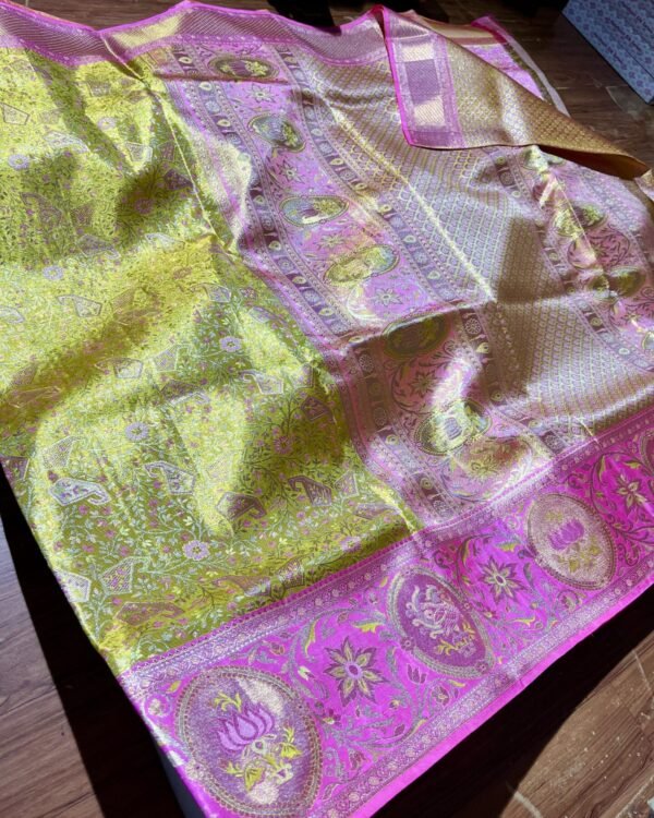 Kanchipuram tissue meenakari silk saree in lime green and pink