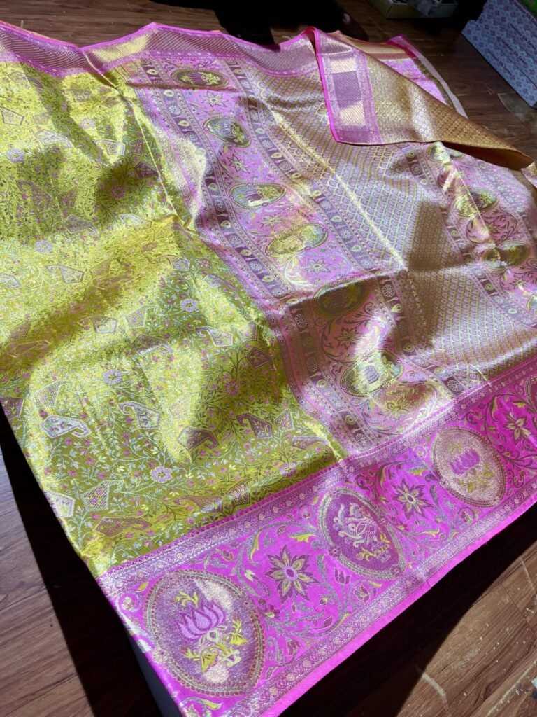 Kanchipuram tissue meenakari silk saree in lime green and pink