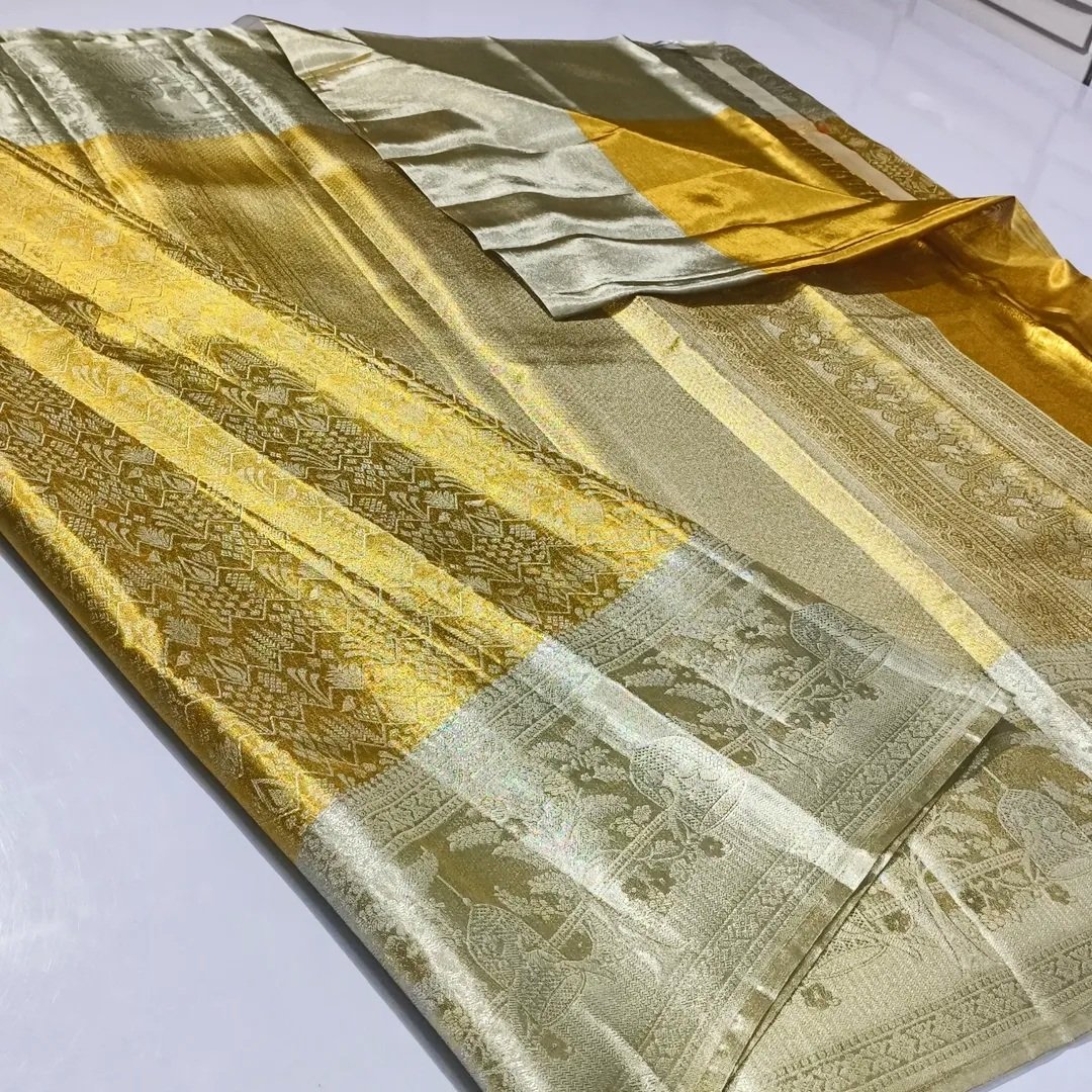 Kanchipuram Pure Tissue Silk Saree with Elegant Silver and Gold Brocade 3 Kanchipuram pure tissue silk saree silver and gold zari brocade Design 3